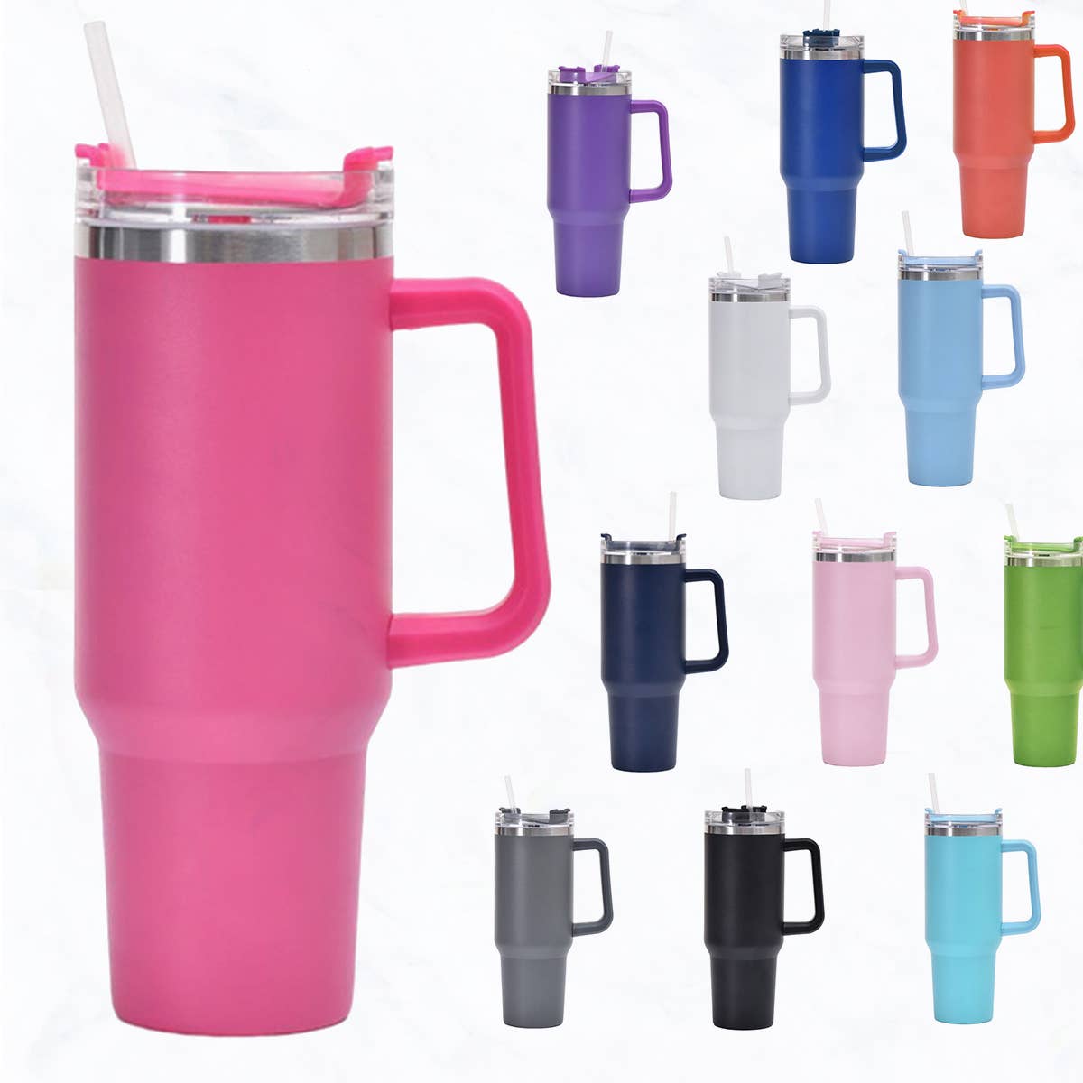 40 oz, Stainless Steel Tumbler with Handle, Straws Include: Pink