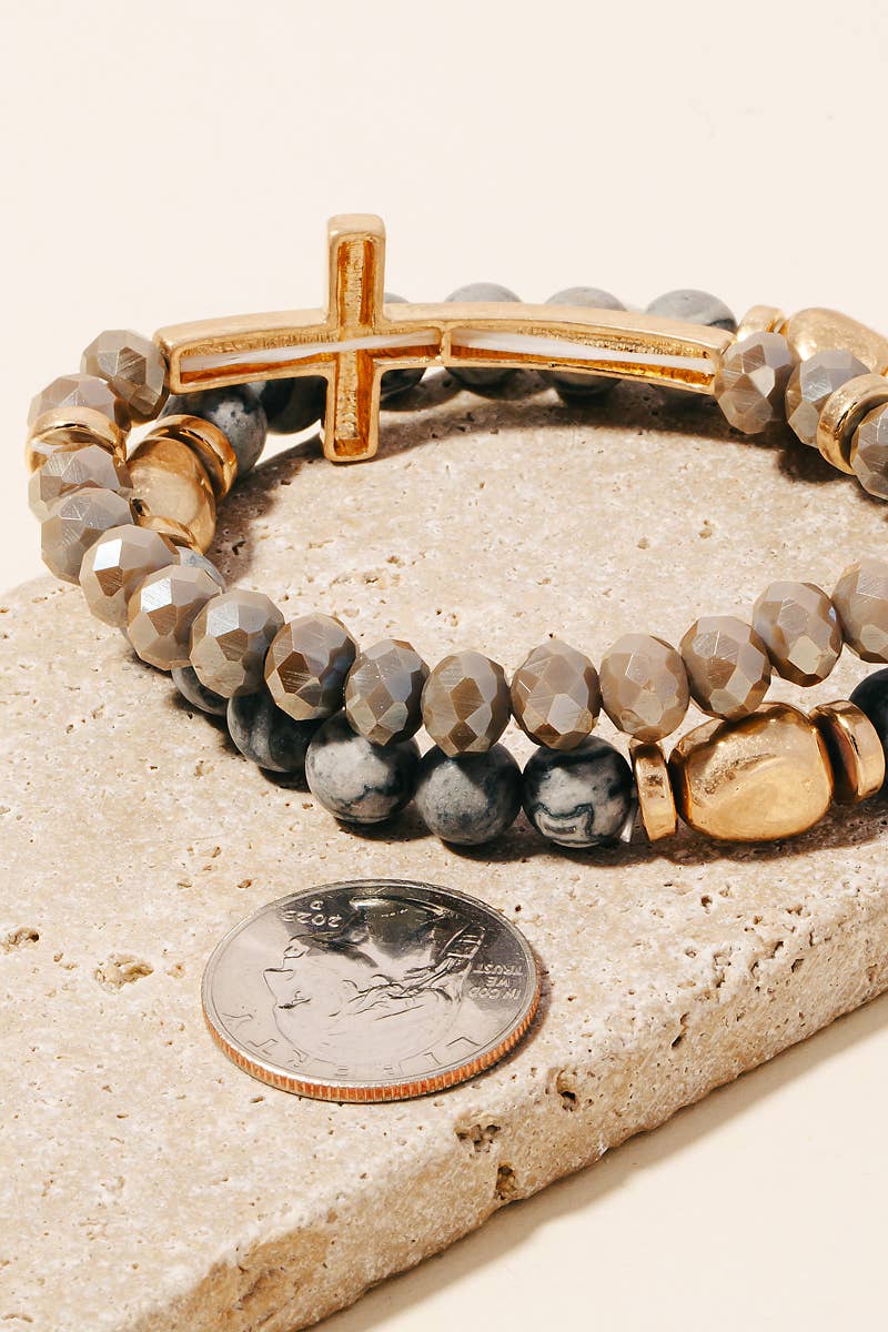 Cross Charm Stone Beaded Bracelet Set: BDWG