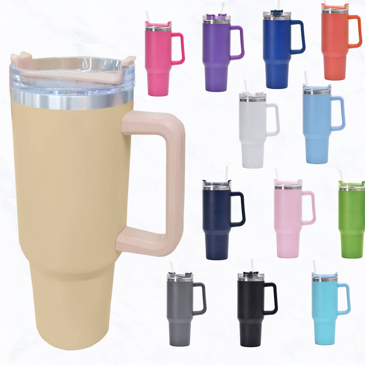 40 oz, Stainless Steel Tumbler with Handle, Straws Include: Baby Pink