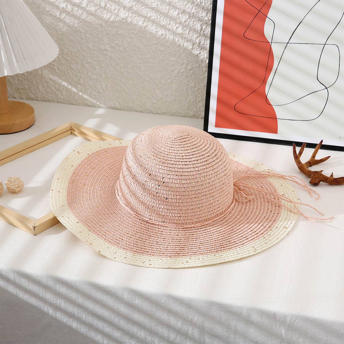 Two Tone Floppy Straw Hat: Pink