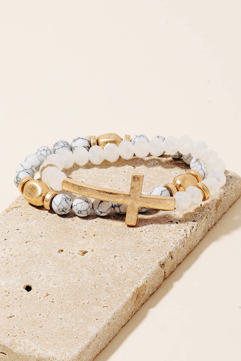 Cross Charm Stone Beaded Bracelet Set: BDWG