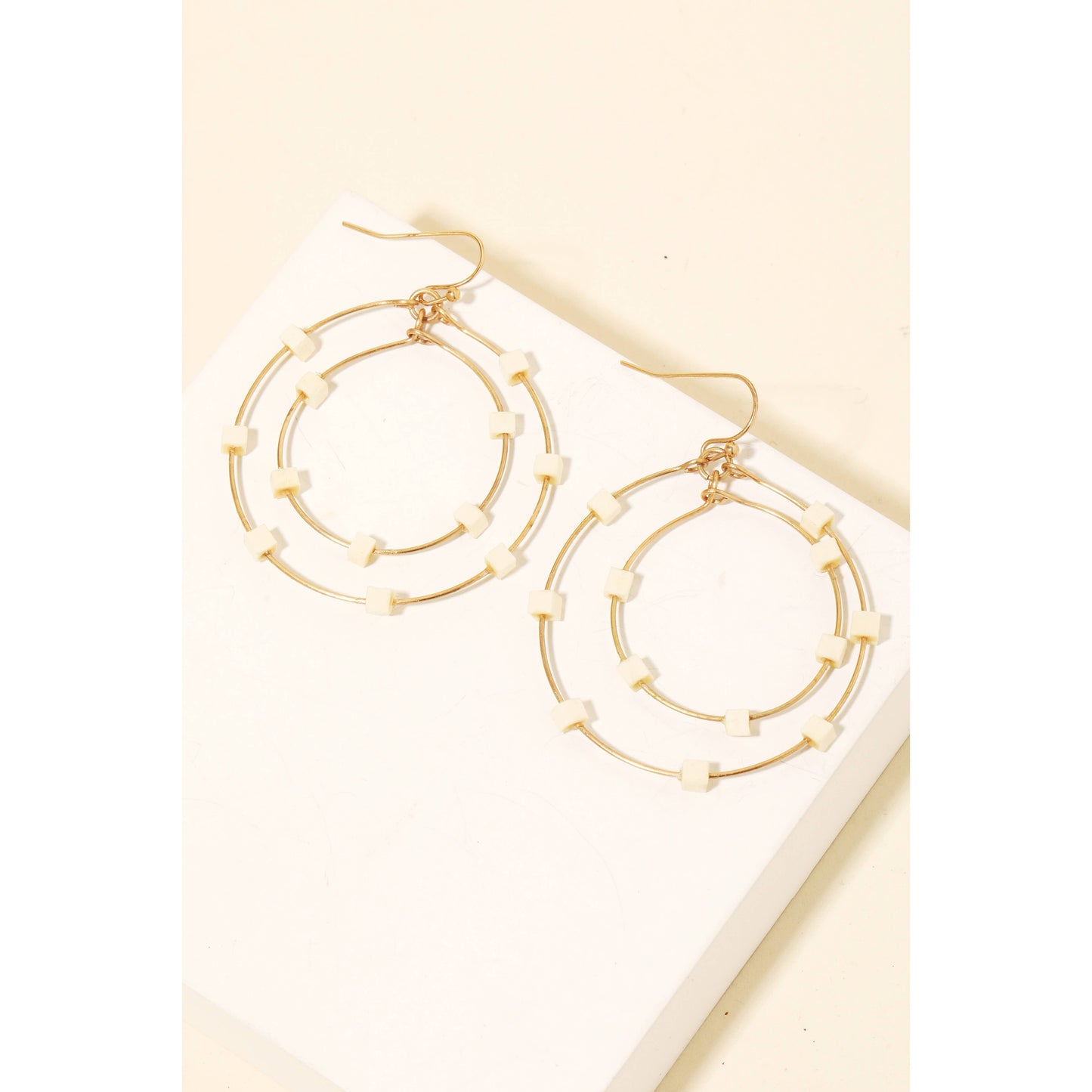 Wood Cube Bead Layered Hoop Drop Earrings: BRN