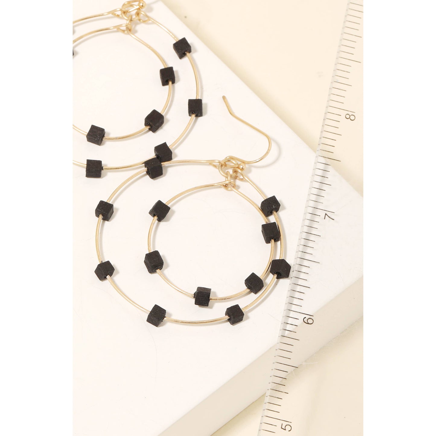 Wood Cube Bead Layered Hoop Drop Earrings: IV