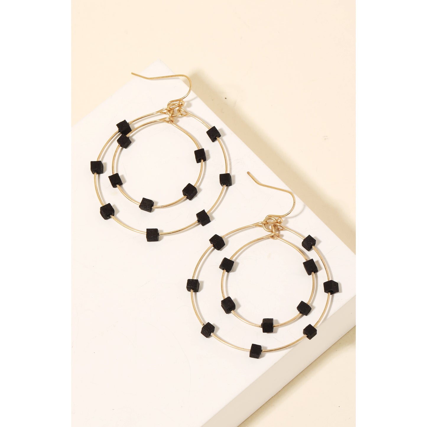 Wood Cube Bead Layered Hoop Drop Earrings: IV