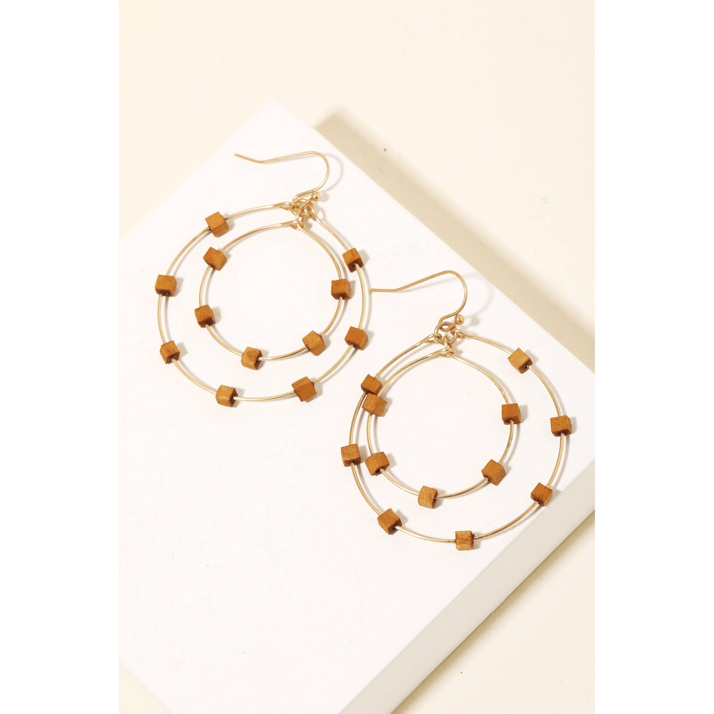 Wood Cube Bead Layered Hoop Drop Earrings: IV